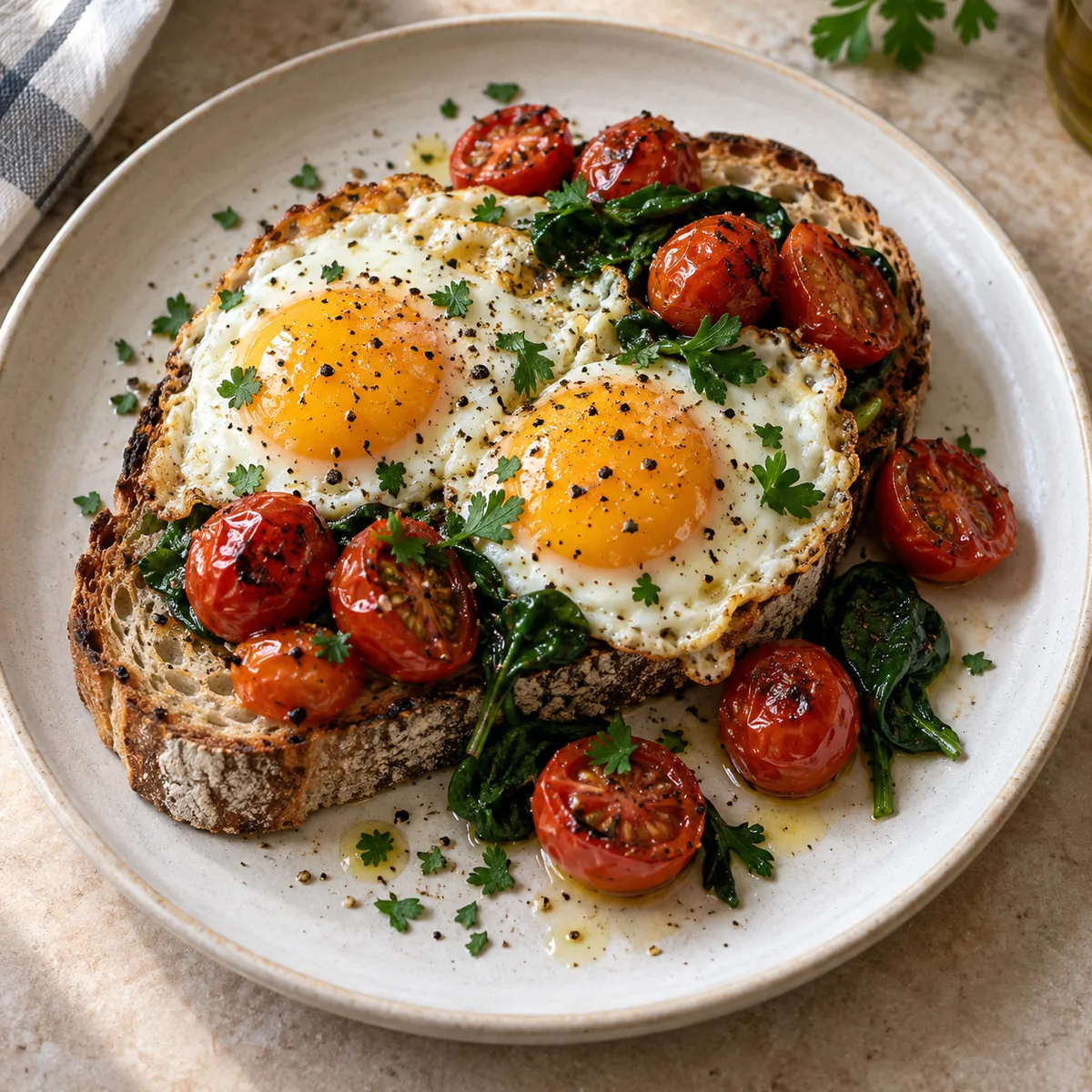 Sunny-side-up eggs on sourdough with cherry tomatoes and spinach