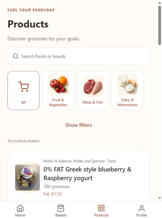 SmartBasket product catalog with grocery categories and search